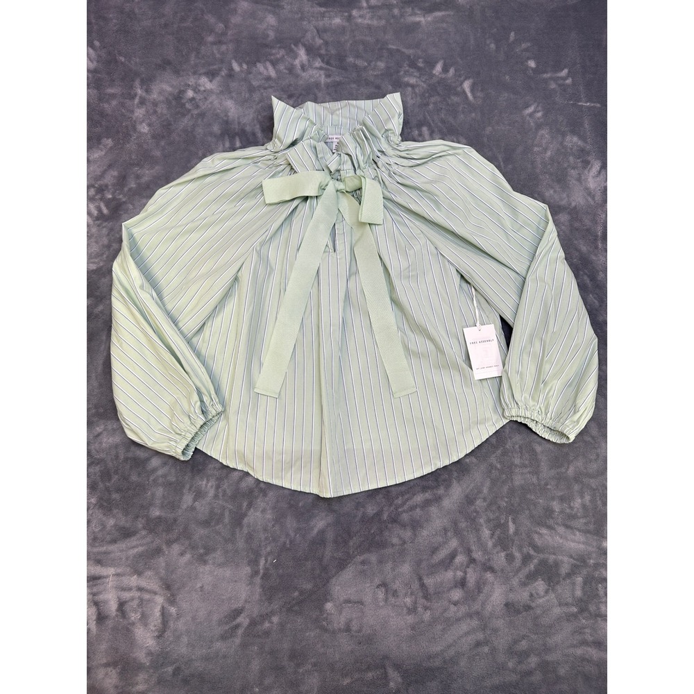 Free Assembly Green Striped Tie Neck Ruffle Blouse Balloon Sleeve Small NEW